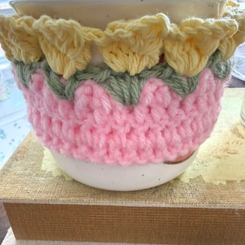 Handmade Crochet Tulip Mug Cozy - Pink & Yellow Floral Cup Sleeve